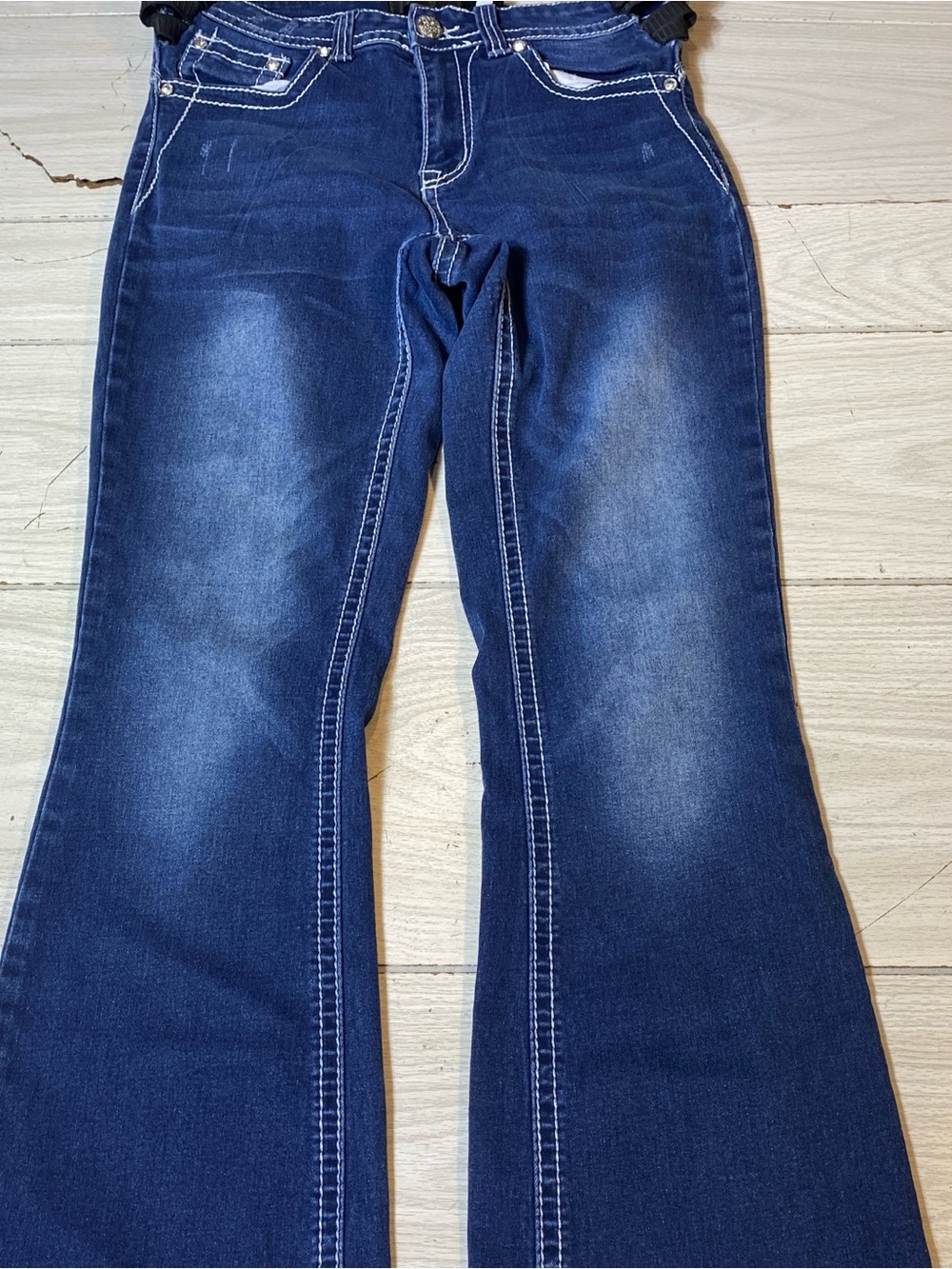 REBEL  Y2K Jeans Size 9 Blue Flare Bootcut Embroidered Rhinestone Pockets